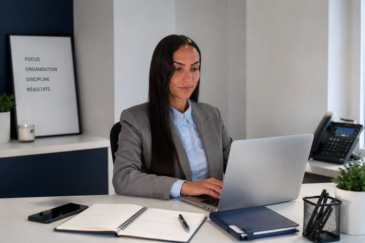 Assistante travaillant à son bureau avec un ordinateur portable